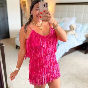Hot Pink Fringe Mini Dress Party Bachelorette Cocktail Women’s L